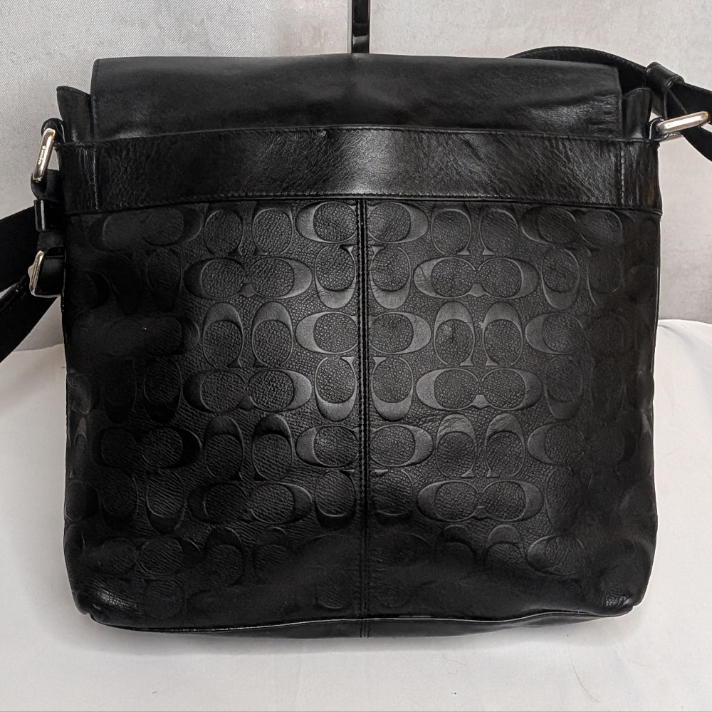 Coach Black Leather Signature C Logo Embossed Messenger Crossbody Bag F28577 - Picture 4 of 16